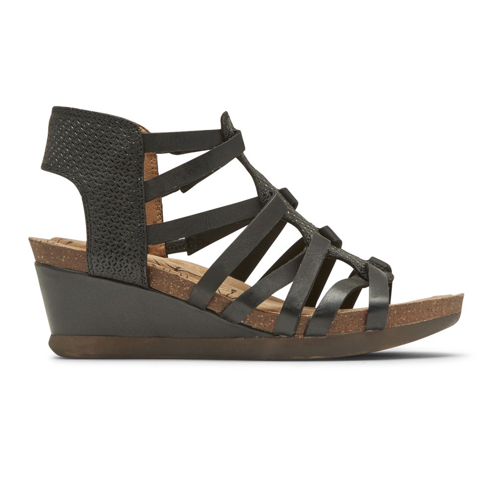 Rockport Canada Cobb Hill Shona T-Strap - Womens Wedges Sandals Black (NFJ860139)